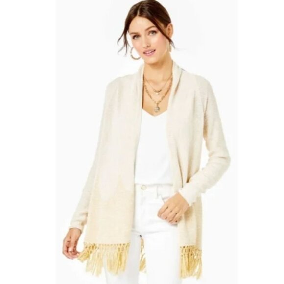 Lilly Pulitzer Sweaters - Lilly Pulitzer Tatum Long Fringe Cardigan size Large NWT in Gold Metallic
